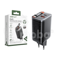 Сетевое зарядное устройство USB/Type-C Acefast A111 (67W, QC3.0, PD, 2 порта, GaN, выдвижной кабель Type-C) Черный