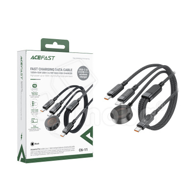 Кабель Type-C - 3 в 1 (Type-C + Type-C + Беспроводная зарядка 15W) Acefast C6-11 (3A, 100W, оплетка нейлон, 1,2 м) Черный