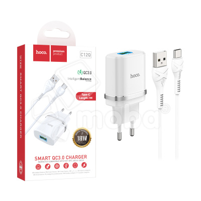 Сетевое зарядное устройство USB Hoco C12Q (18W, QС3.0, кабель Type-C) Белый