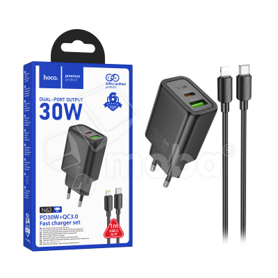 Сетевое зарядное устройство USB/Type-C Hoco N63 (30W, QC3.0, PD, 2 порта, GaN, кабель Type-C-Lightning) Черный