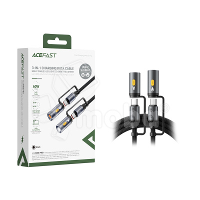 Кабель Type-C - 3 в 1 (Type-C+прикуриватель+LED подсветка) Acefast J4 (3A, 60W, оплетка нейлон, 1,2 м) Черный