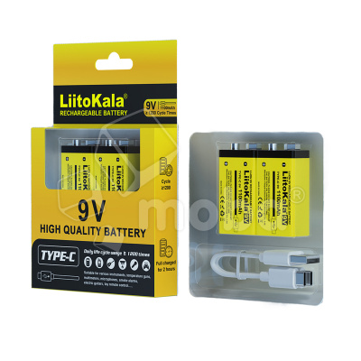 Аккумуляторные батарейки "Крона" 6LR61 LiitoKala 1100 mAh (9V, 2 шт. в кейсе, перезаряжаемые от Type-C)